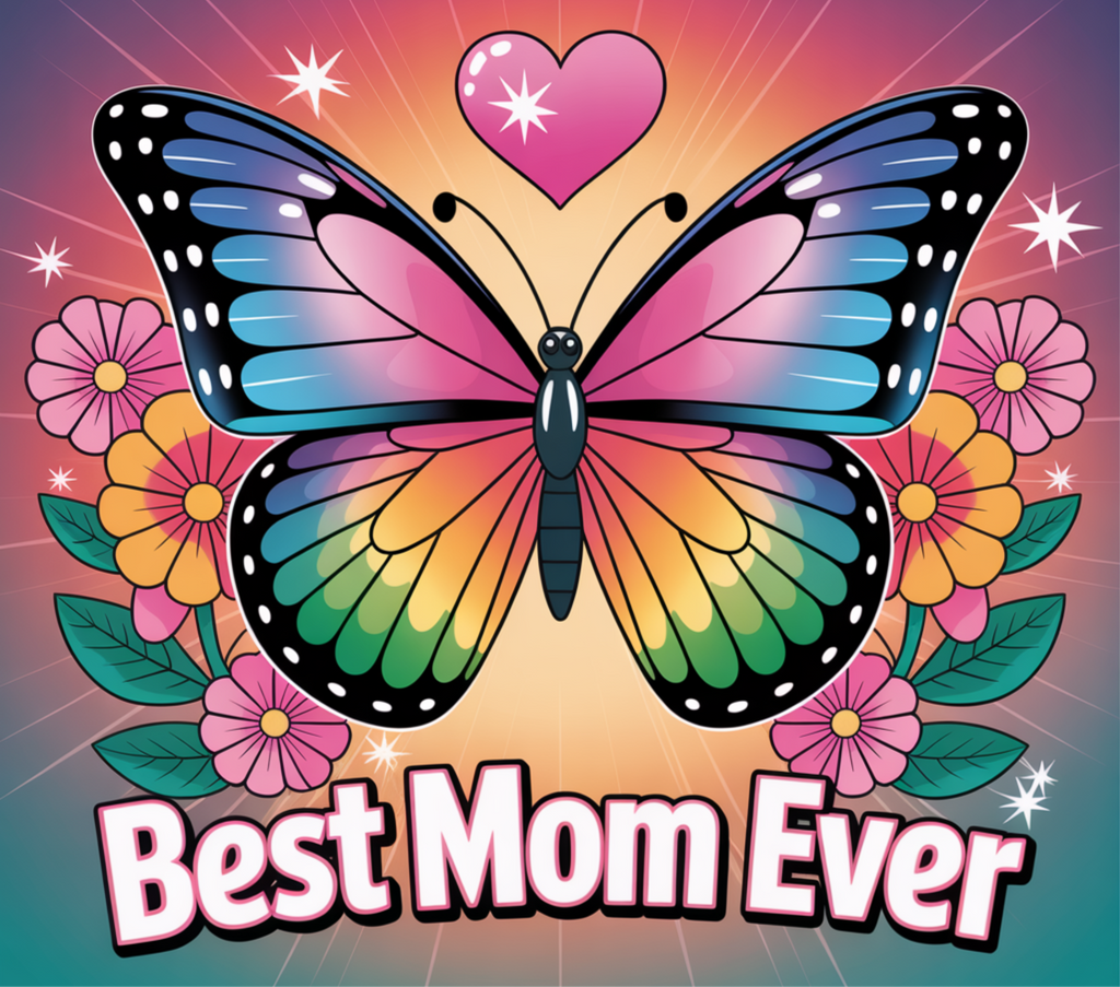 Best Mom Ever rainbow butterfly with flowers and heart design
