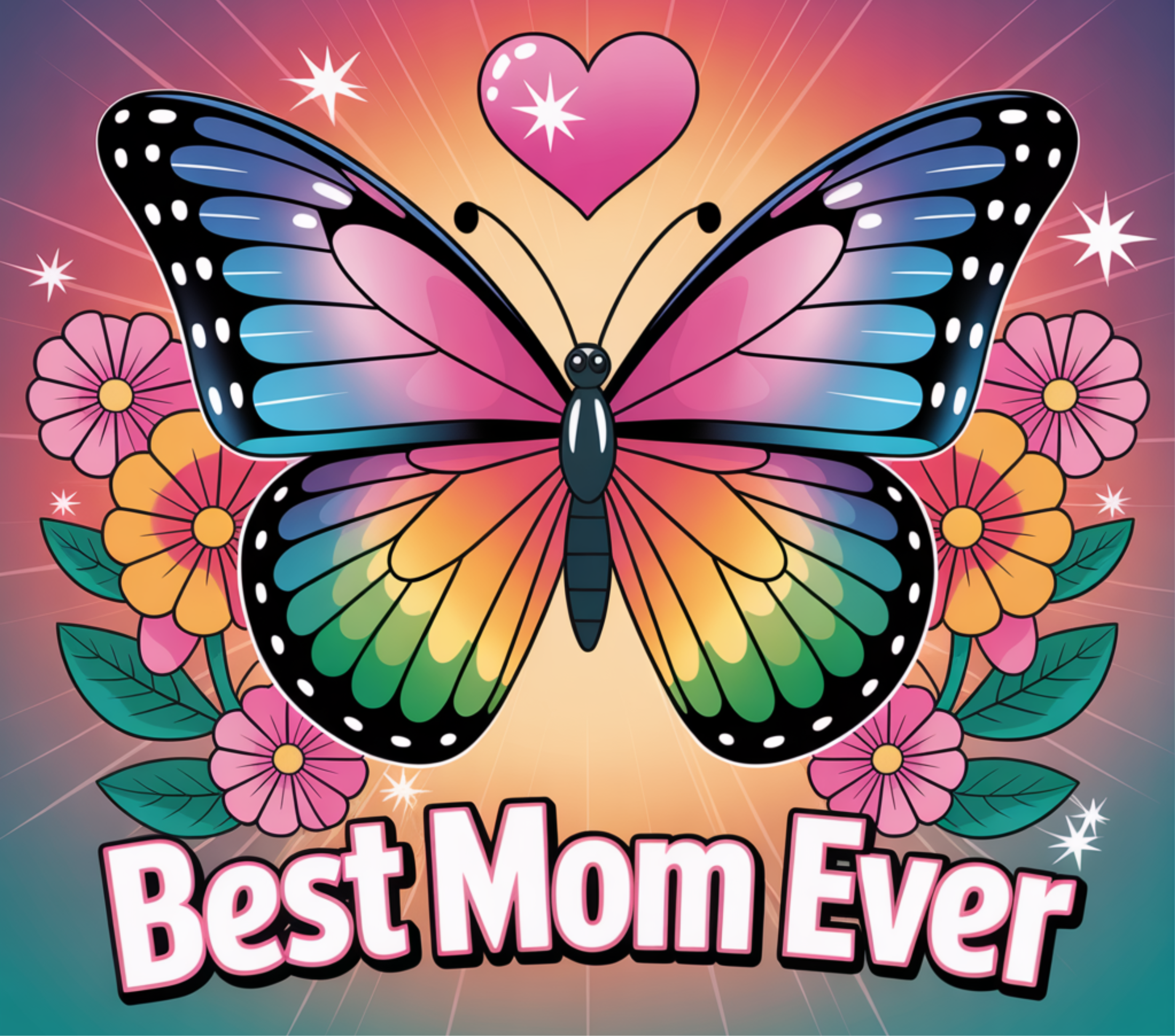 Best Mom Ever rainbow butterfly with flowers and heart design
