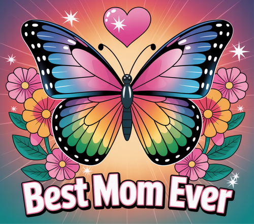 Best Mom Ever rainbow butterfly with flowers and heart design