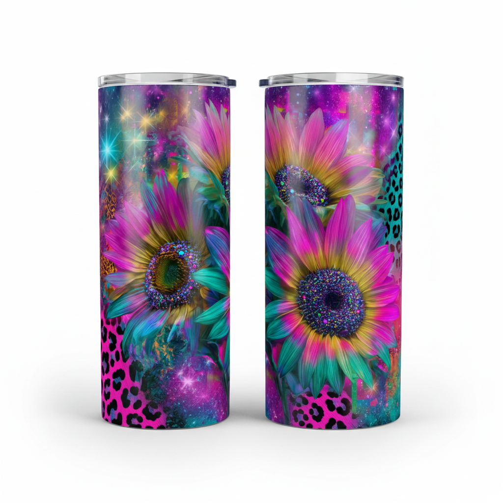 20 oz tumbler with rainbow sunflower and leopard print design