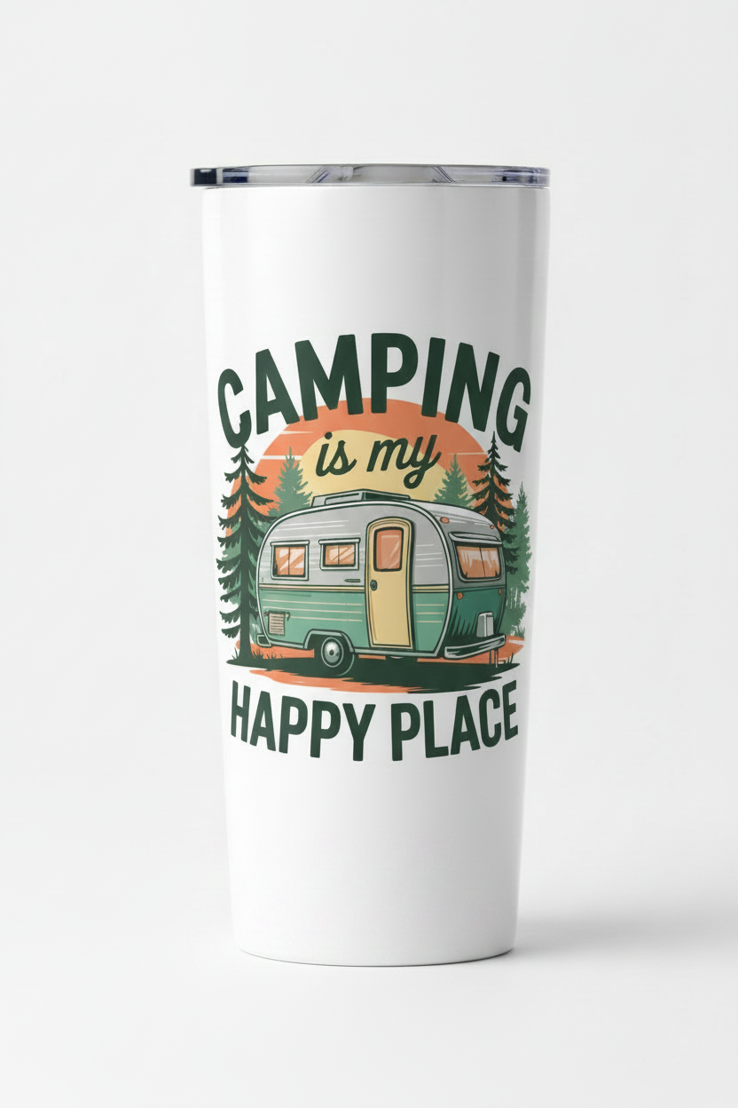 Camping is my Happy Place white 20 oz sublimation tumbler mockup
