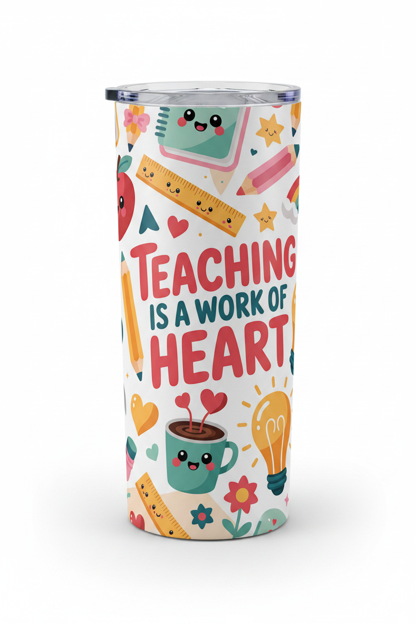 Teaching is a Work of Heart design on white skinny 20 oz sublimation tumbler