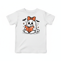 Cute ghost girl with orange bow reading a book on a white kids t-shirt