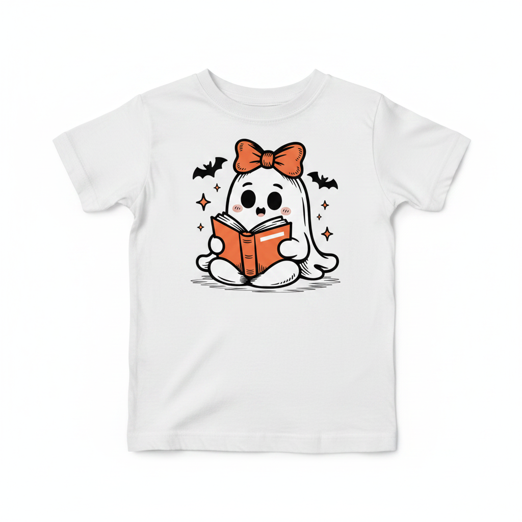Cute ghost girl with orange bow reading a book on a white kids t-shirt