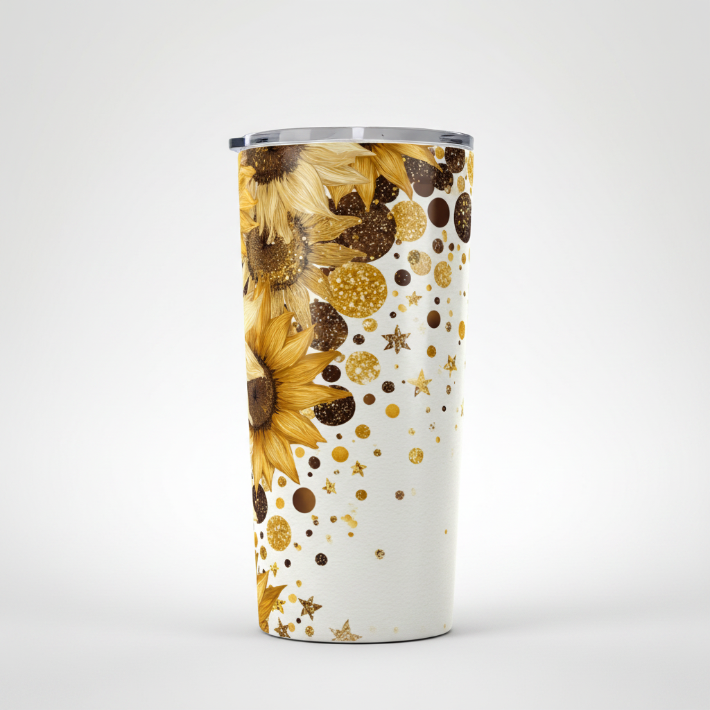 20 oz tumbler with gold glitter sunflower design