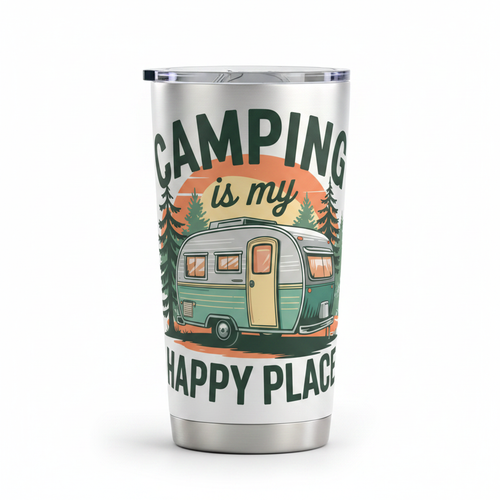 20 oz tumbler with retro camping design saying Camping Is My Happy Place
