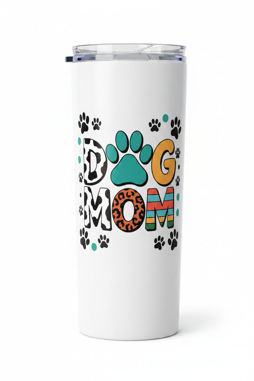 Dog Mom design on skinny white 20 oz sublimation tumbler