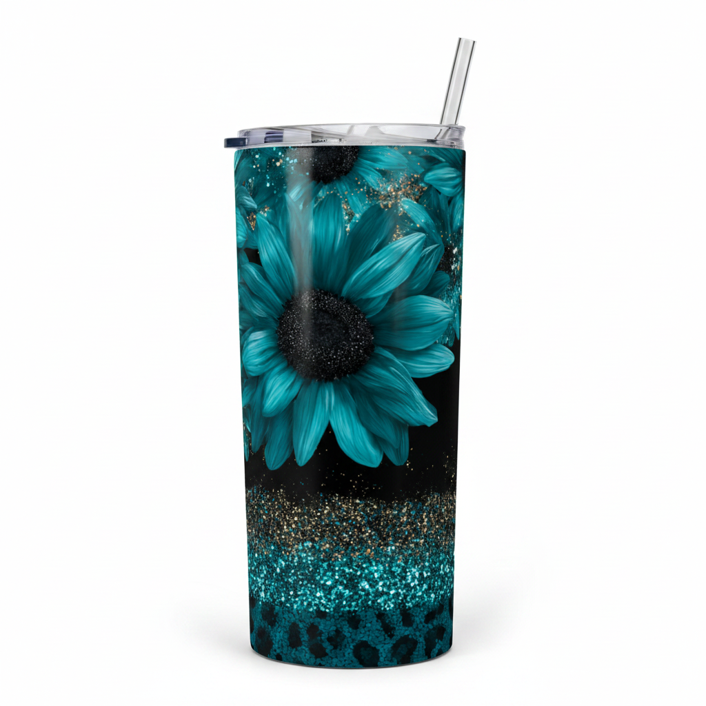 20 oz tumbler with teal sunflower glitter and leopard print design
